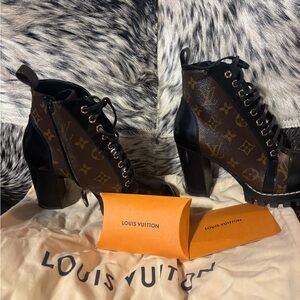 Louis Vuitton Brown & Black Monogram Lace-Up Block Heel Boots